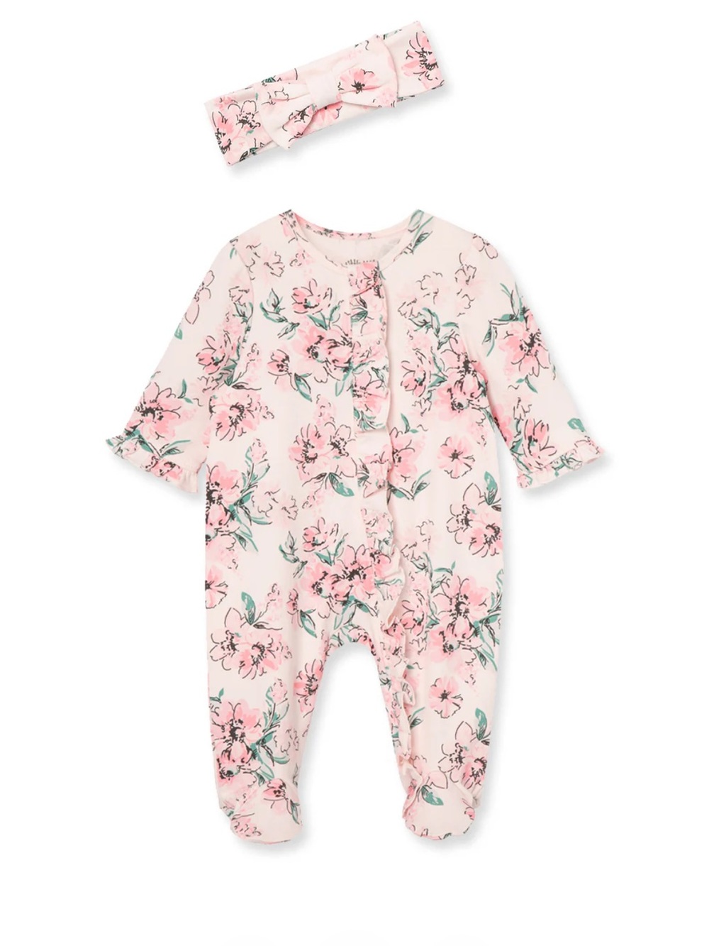 Little Me Pink Floral Footed One-Piece with Matching Headband nwot 3 months